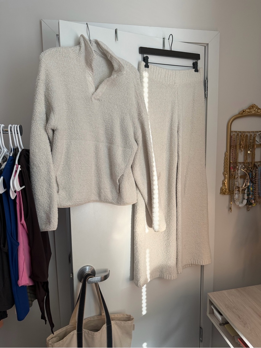 SKIMS Cream Bouclé Cowl Pullover & Wide-Leg Lounge Pants Set